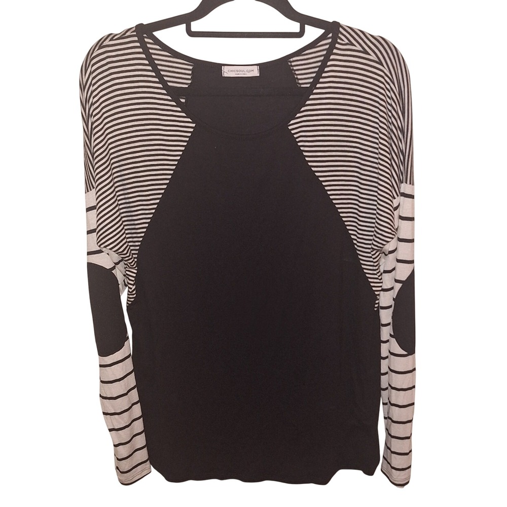 Chicsoul Women's XL‎ Black & White Stripped Longsleeve Shirt Elbow Patch Skater